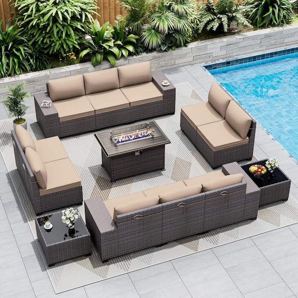 13-Piece Wicker Patio Conversation Set with 55000 BTU Gas Fire Pit Table and Glass Coffee Table and Cushions Sand