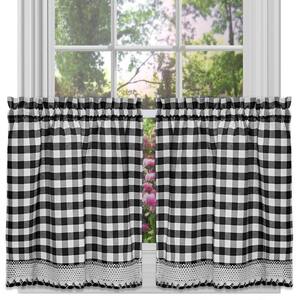 Buffalo Check Black Polyester/Cotton Light Filtering Rod Pocket Curtain Tier Pair 58 in. W x 24 in. L
