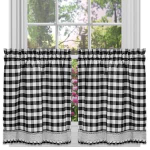 Buffalo Check Black Polyester/Cotton Light Filtering Rod Pocket Curtain Tier Pair 58 in. W x 36 in. L