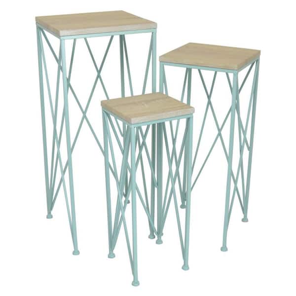 Mito Blue and Brown Wood Set of 3 Plant Stand Table (11.5 in. H x W 27.5 in. H)