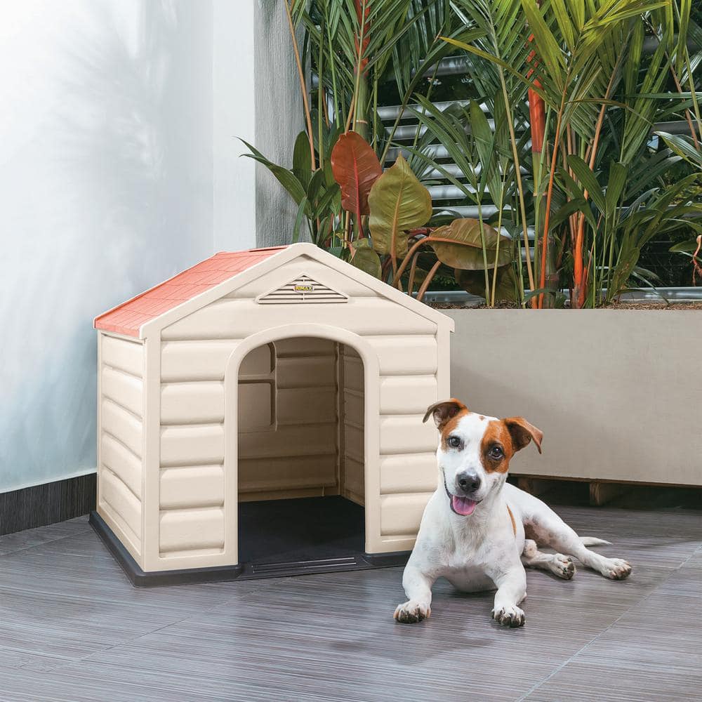 Small Taupe and Black Plastic Dog House with Red Roof