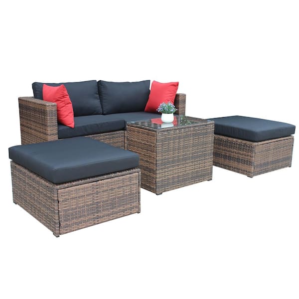 5 Pieces Brown Wicker Patio Conversation Set Black Cushions With 2 Pillows P B202200019 - Brown Patio Furniture With Black Cushions