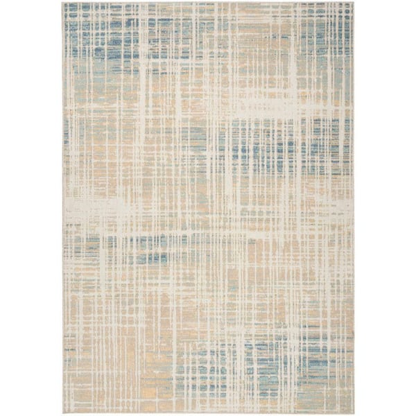 Nourison Washable Decor Beige Blue 5 ft. x 7 ft. Abstract Contemporary Area Rug