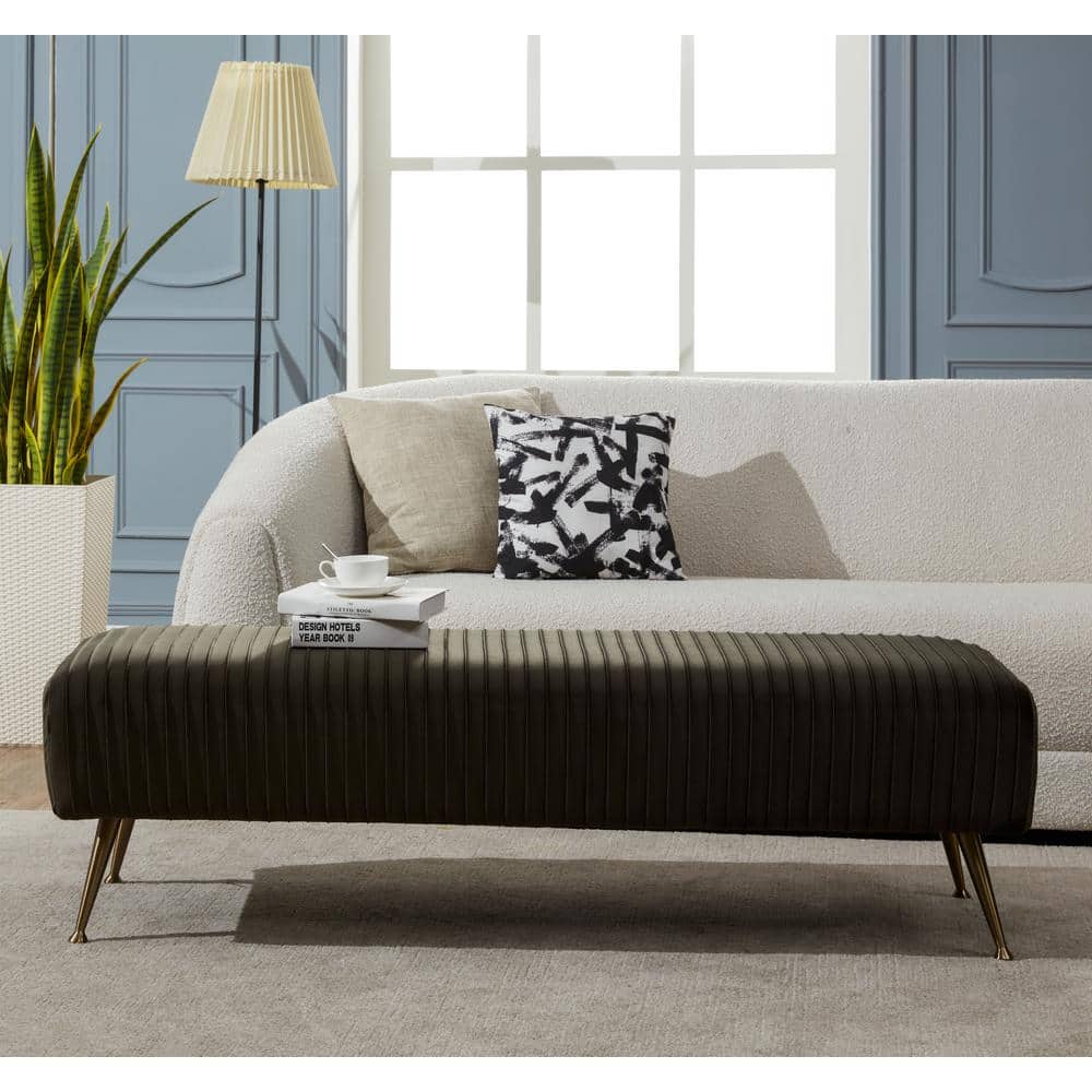 Salome 60'' Black Velvet Transitional Bench with Brass Accents