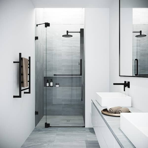 Pirouette 30 to 36 in. W x 72 in. H Pivot Frameless Shower Door in Matte Black with 3/8 in. (10mm) Clear Glass