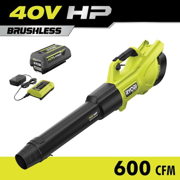 RYOBI 40V HP Brushless Whisper Series 155 MPH 600 CFM Cordless Battery Leaf Blower with 4.0 Ah Battery and Charger