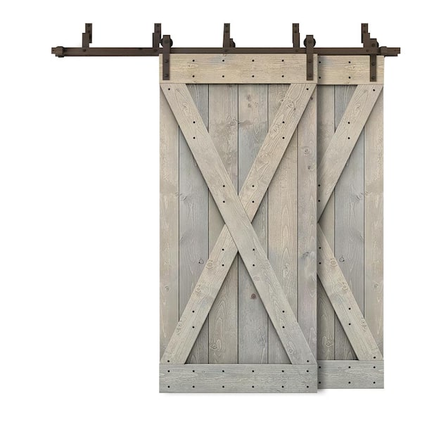 CALHOME 40 in. x 84 in. X Bypass Smoke Gray Stained DIY Solid Wood Interior Double Sliding Barn Door with Hardware Kit