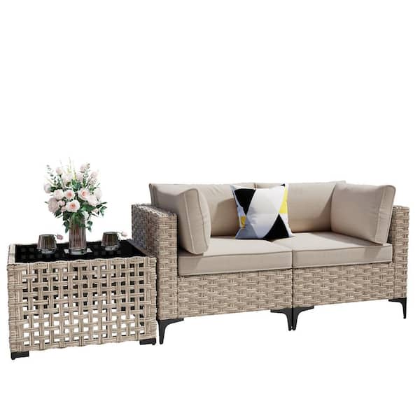 Holston 3-Piece Wicker Modern Outdoor Patio Conversation Chair Loveseat Set with a Solar-LED Table and Beige Cushions