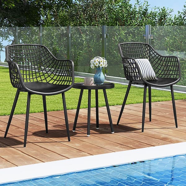 3 Piece Metal Patio Conversation Seating Set with PP Seat and Tabletop for Porch-Black