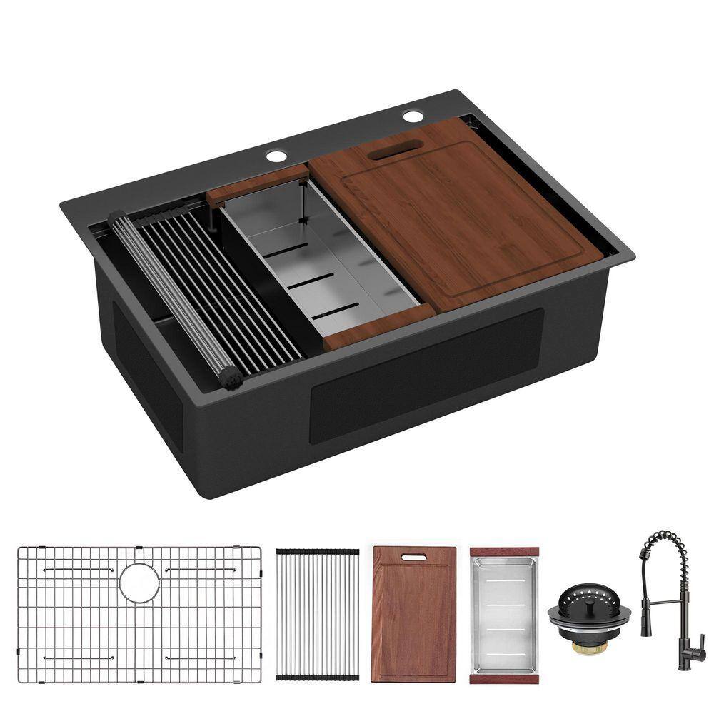 30 in. Drop-In/Topmount Single Bowl 18 Gauge Gunmetal Black Stainless Steel Kitchen Sink with Faucet and Bottom Grids