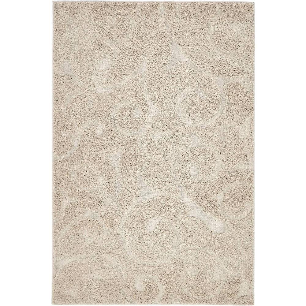 Elegant Beige Floral Shag Area Rug, 4' x 6', Easy Care Synthetic