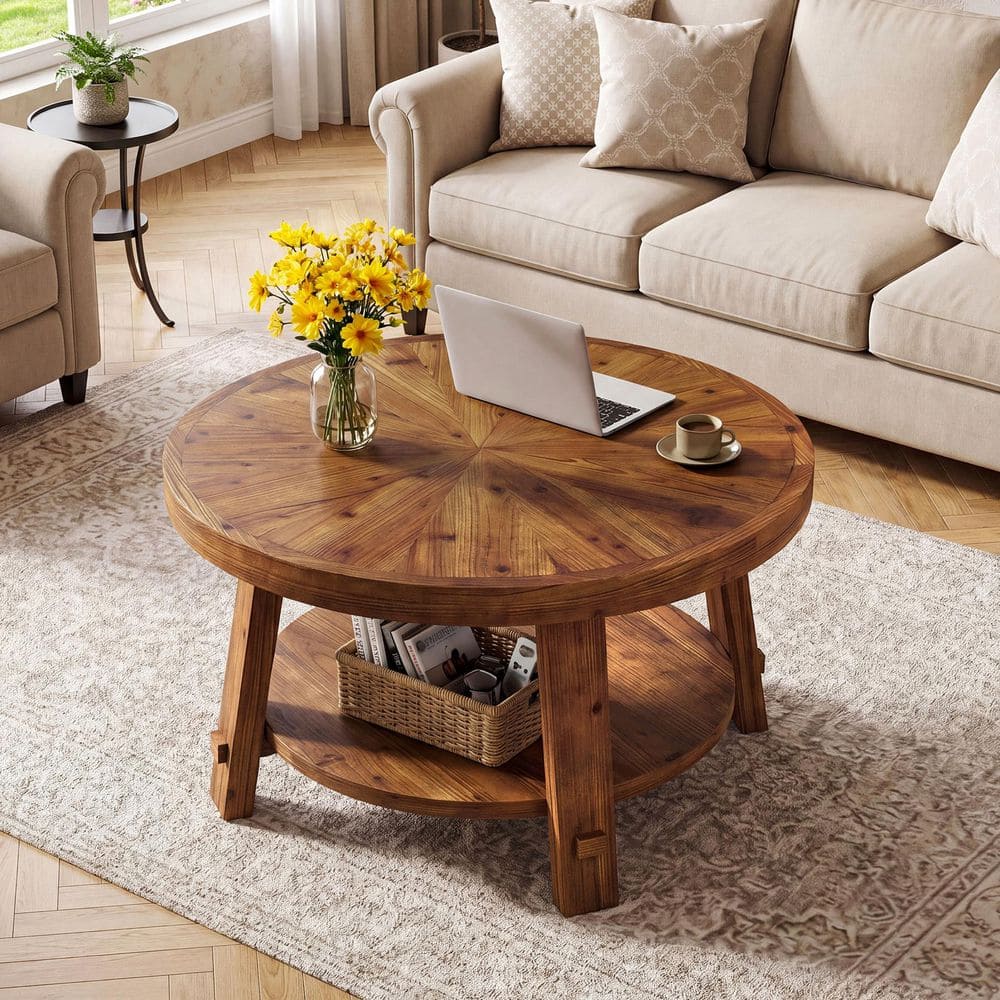 Tribesigns Rustic Brown 31.5 in. Solid Wood Round Coffee Table with ...
