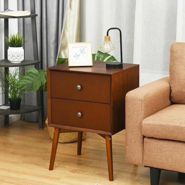 FORCLOVER 2-Drawer Mid-Century Brown Nightstand Side Table 18"x 15" x 26" (W x D x H)