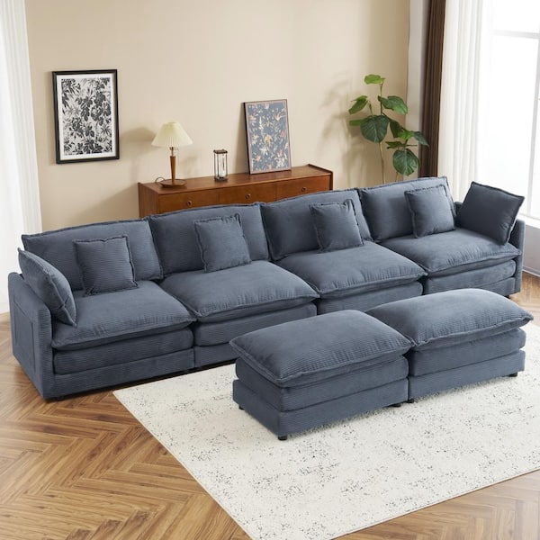 Harper & Bright Designs 149.6 in Corduroy Modular Sectional Sofa in. Blue with Pillows, Side Pockets, 2-Layer Seat Cushions, 2 Ottomans