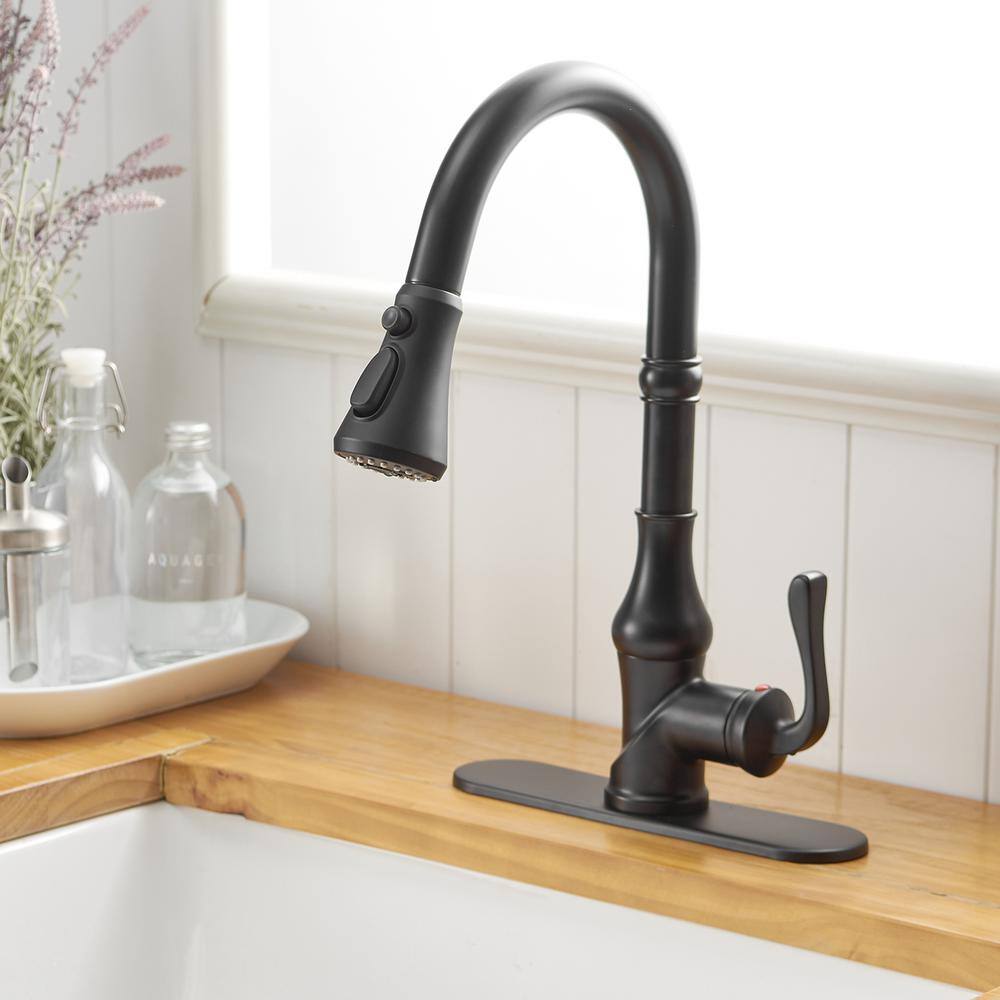 Matte Black Single-Handle Pull-Down Kitchen Faucet with Deck Plate