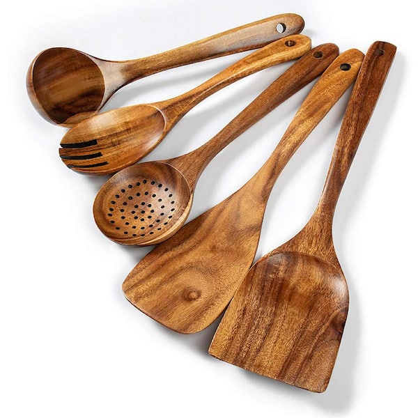 Natural Acacia Wood Finish Cooking Utensils Food Safe Lightweight Heat Resistant Kitchen Accessory Set 5 pcs