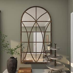 59 in. x 32 in. Window Pane Inspired Arched Framed Brown Wall Mirror with Arched Top
