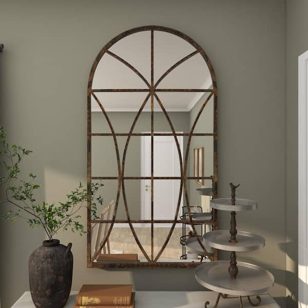 Litton Lane 59 in. x 32 in. Window Pane Inspired Arched Framed Brown Wall Mirror with Arched Top