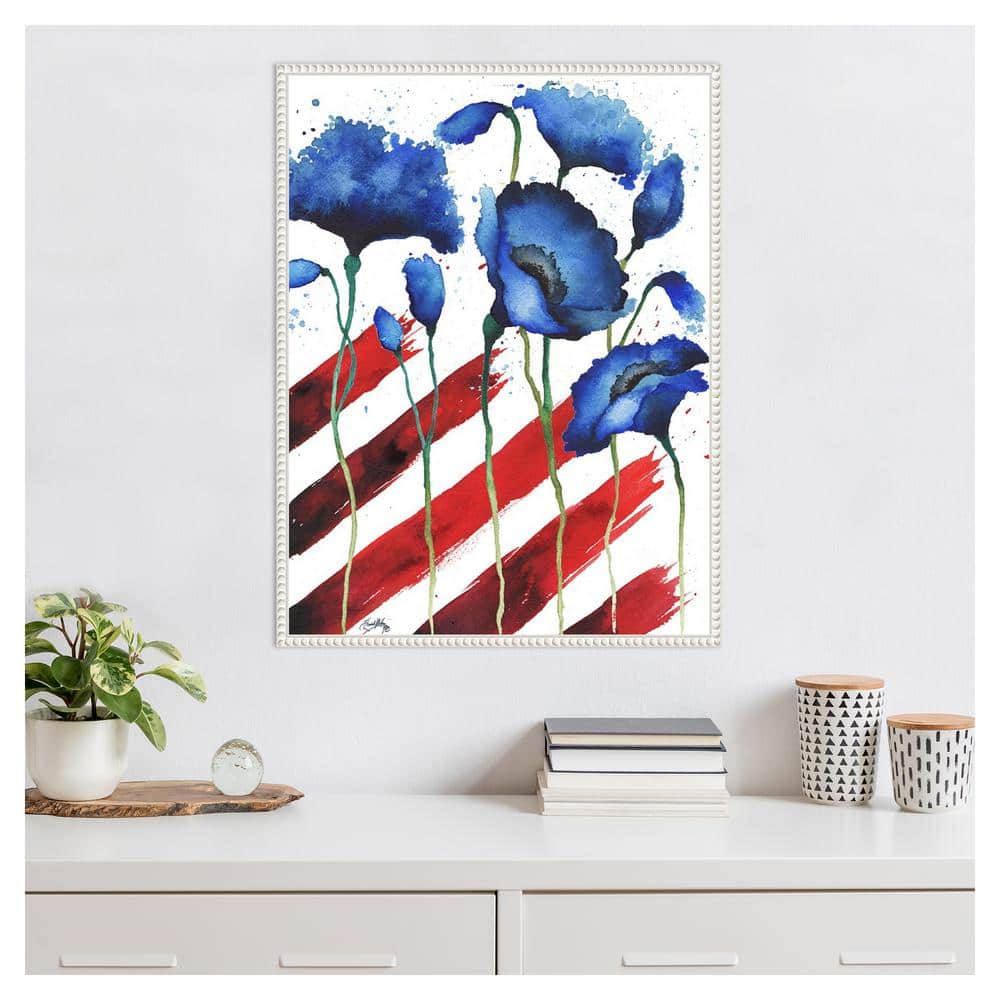 Patriotic Floral II Blue and Red Canvas Wall Art with White Frame