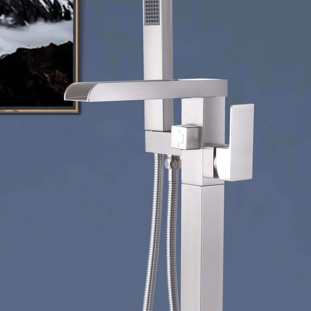 Brushed Nickel Freestanding Tub Filler with Lever Handle