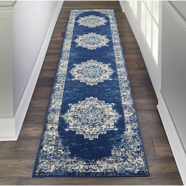 Grafix Navy Blue 2 ft. x 12 ft. Persian Medallion Transitional Kitchen Runner Area Rug