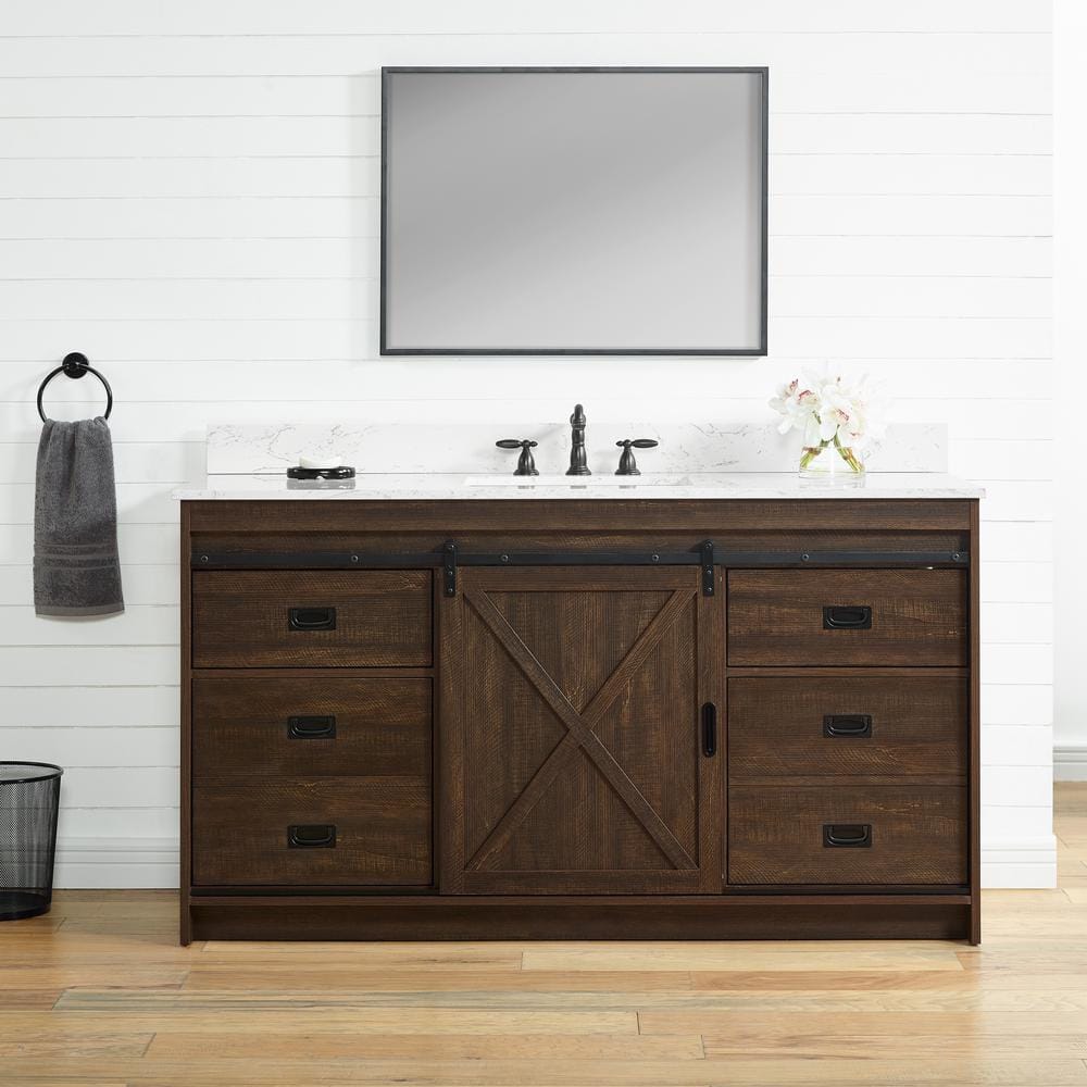 Rafter 60 in. W x 22 in. D Bath Vanity in Rustic Brown with Carrara White Engineered Stone Vanity Top with White Sink price history on PriceWatchPro