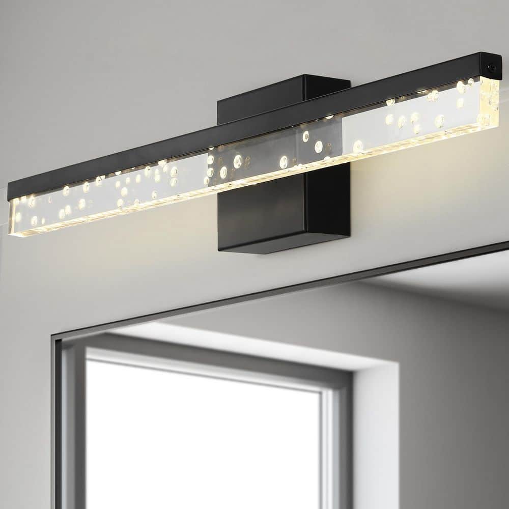 Mario 22" Black Iron LED Vanity Light with Seeded Acrylic Shade