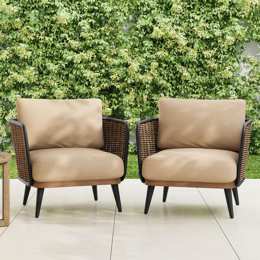 Logan Teak Brown Faux Rattan Outdoor Patio Lounge Chair with Beige Cushions, Black Metal Legs, Set of 2 price history on PriceWatchPro