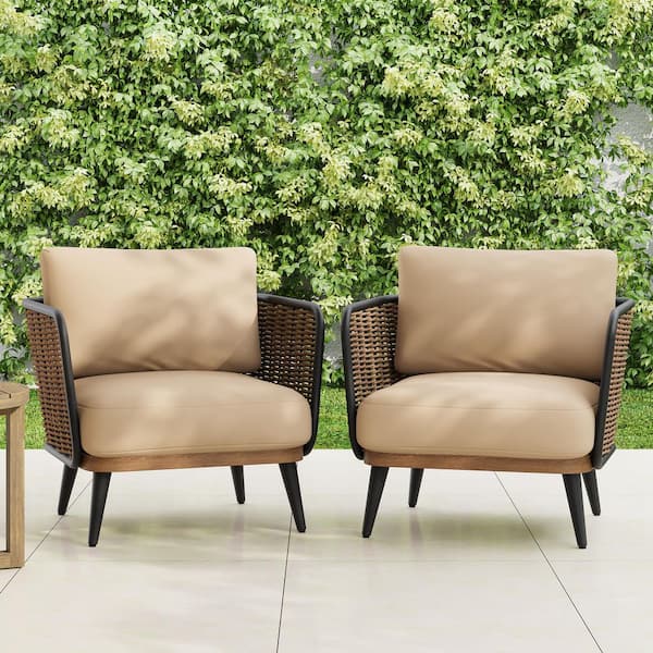 Logan Teak Brown Faux Rattan Outdoor Patio Lounge Chair with Beige Cushions, Black Metal Legs, Set of 2