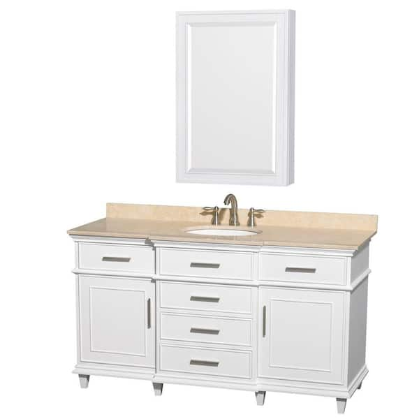 Wyndham Collection Berkeley 60 in. Vanity in White with Marble Vanity Top in Ivory, Undermount Round Sink and Medicine Cabinet