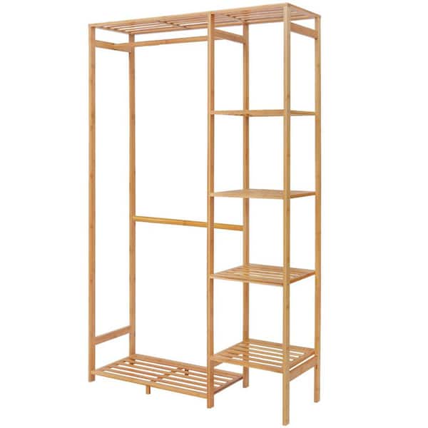 Unbranded Brown Bamboo Garment Clothes Rack with 5 Shelves 34 in. W x 57 in. H