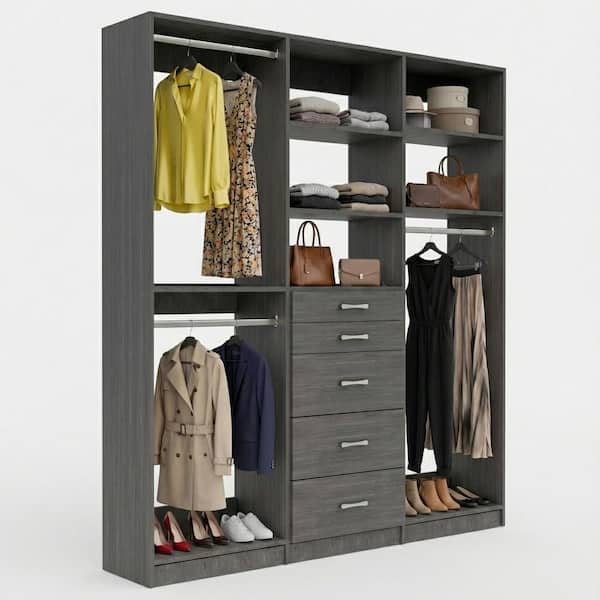 Alto Collection 105 in. W Grey Wall Mounted Double Hang, 5-Drawer and Medium Hang Wood Closet System
