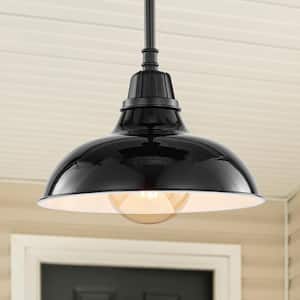 Jasper 12.25 in. 1-Light Black Farmhouse Industrial Indoor/Outdoor Iron LED Pendant