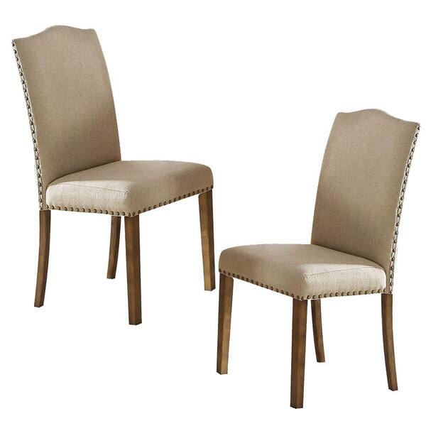 Benjara Beige and Brown with Back Fabric Upholstered Wooden Side Chair (Set of 2)