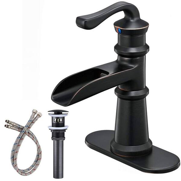 FLG Single-Handle Single-Hole Waterfall Bathroom Faucet with Pop Up Drain Kit and Deckplate Included in Oil Rubbed Bronze