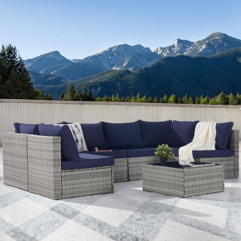 7-Piece Wicker Patio Conversation Sofa Set, Outdoor Sectional Seating with 