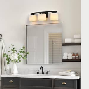 24 in. 3 Light Matte Black Modern Industrial Square Vanity Light for Bathroom with Curved Arms and Milk White Shades