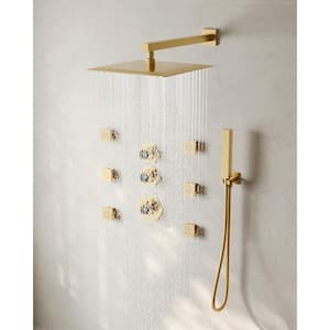 5-Spray 12 in. Dual Shower Head Wall Mount 2 in 1 Fixed and Handheld Shower Head in Brushed Gold with Body jets