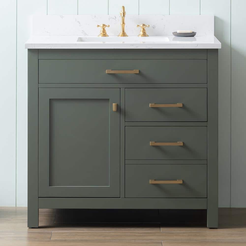 Vintage Green Solid Wood Freestanding Vanity with Carrara White Top