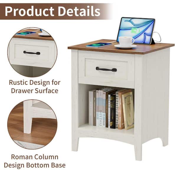 Hommpa Farmhouse Rustic White 1-Drawer 17.7 in. W Nightstand with