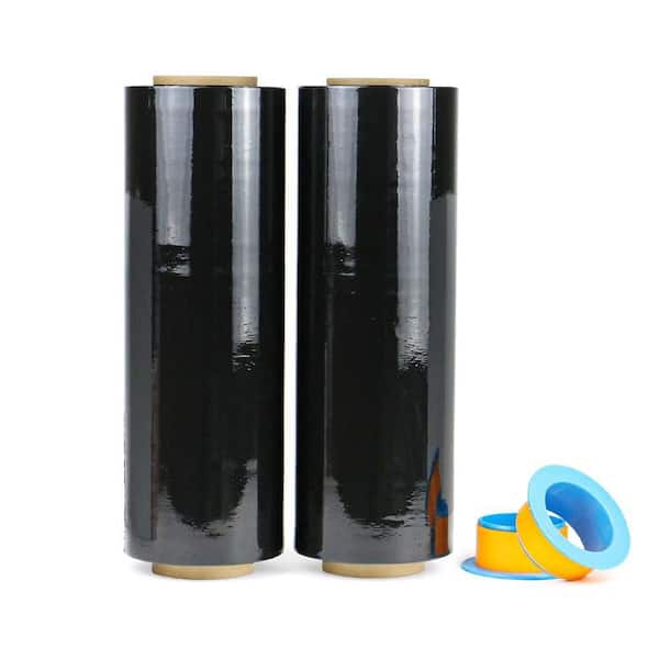 2 -Pack 1500 ft. Black Stretch Wrap Film 70-Gauge 15 with 3 in. Plastic Rolling Handles for Pallet Wrap Self-Adhering