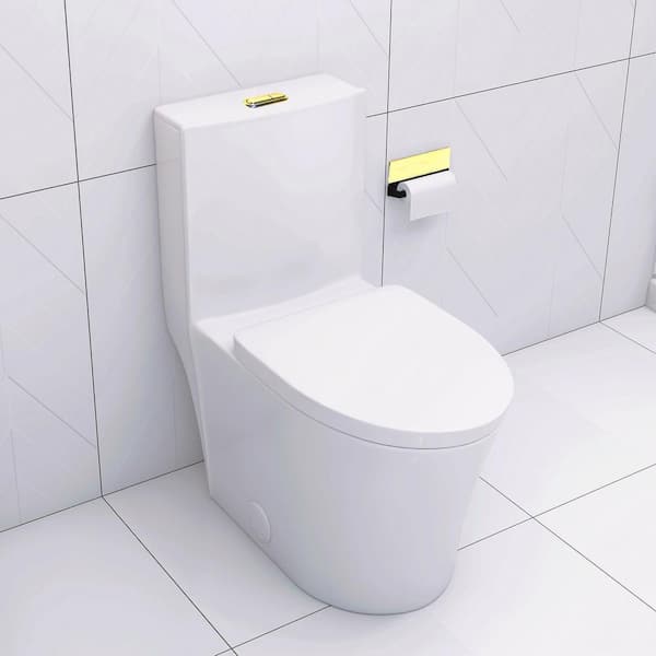 1-Piece 1.1/1.60 GPF Dual Flush Elongated Round Toilet in Glossy White, Seat Included