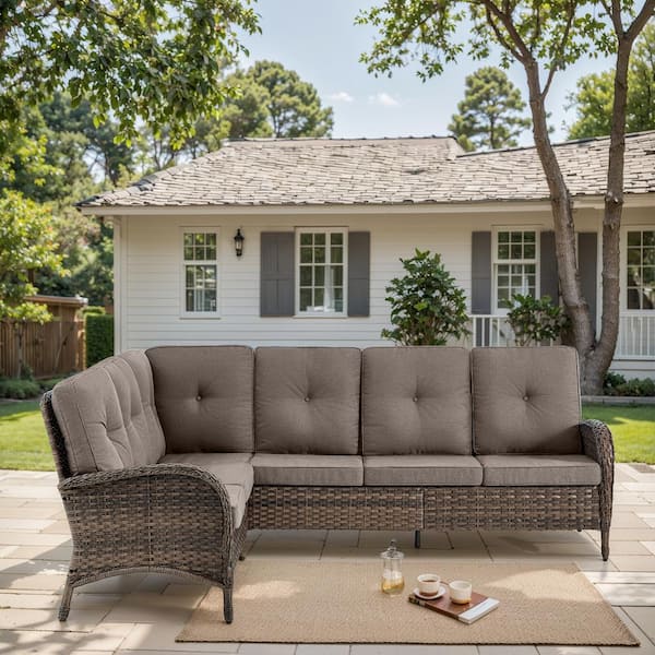 Gymojoy Carlos Brown Wicker 2-Piece Outdoor Sectional Sofa Counch L-Shaped Patio Furniture Set with Gray Cushions