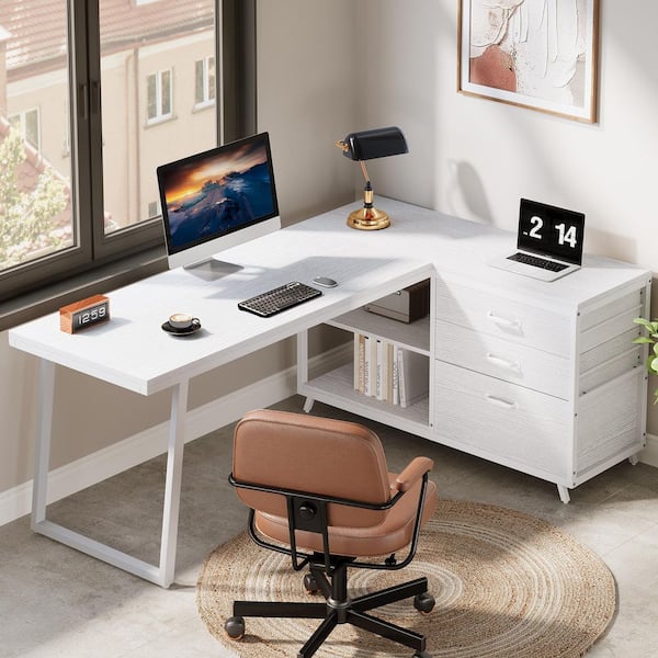 BYBLIGHT Lanita 53.1 in. Reversible L Shaped Desk White Engineered
