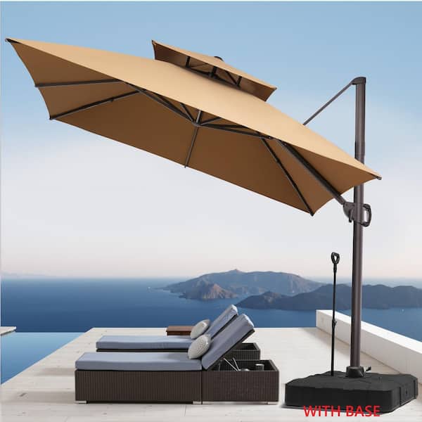 2-Tier Top 11.5 ft. Square Aluminum 360° Rotation Cantilever Patio Umbrella in Tan with 300 lbs. HDPE Wheeled Stand