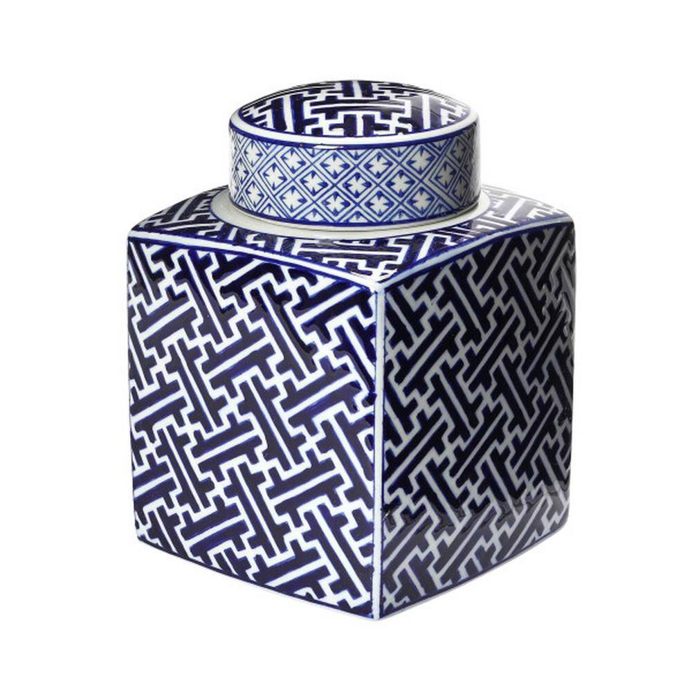 Blue and White Ceramic Ginger Jar with Lid