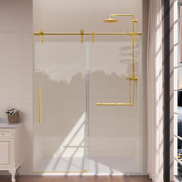 56-60 in. W x 76 in. H Sliding Frameless Glass Shower Door, Handle, Separate Wet And Dry Areas, Keep Warm, Golden