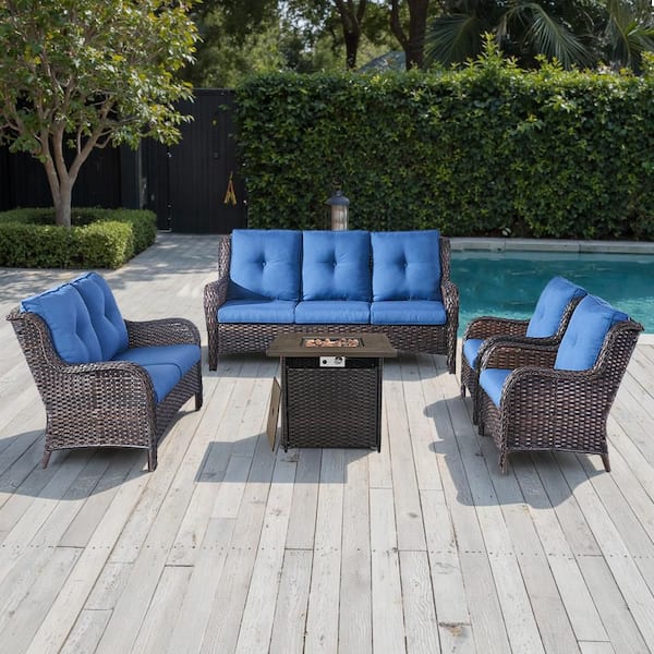 Pocassy 5-Piece Brown Wicker Outdoor Patio Fire Pit Seating Set with CushionGuard Blue Cushions