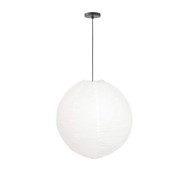 MPG Orb 16 in. 60-Watt 1-Light White Hanging Lantern Pendant-Light with Round Fabric Shade and Black Hardwire