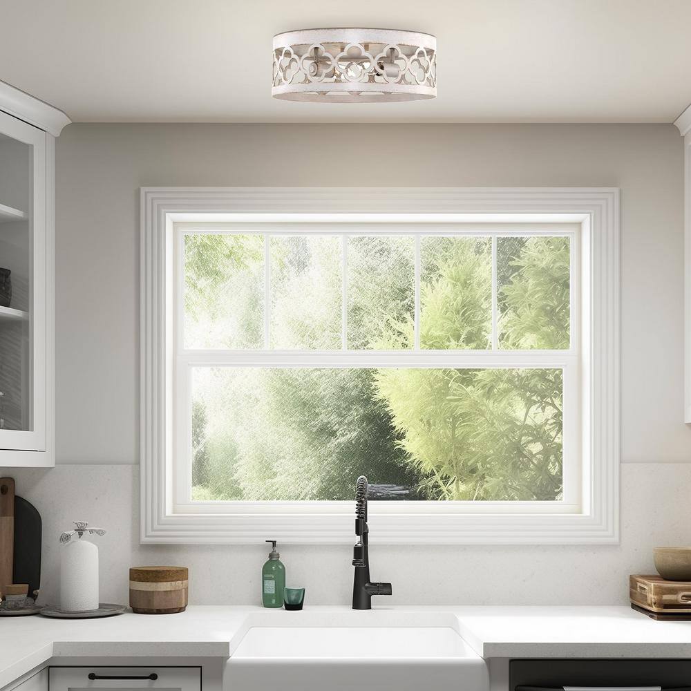 Antique White Metal Drum Flush Mount Ceiling Light, Modern Design